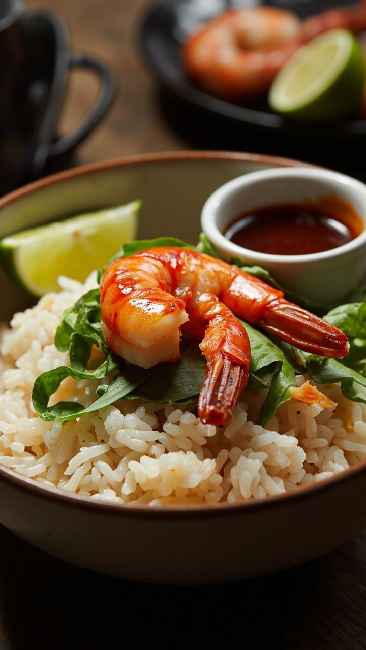 A bowl with a scoop of glossy coconut rice topped with bright red chili glazed shrimp and torn Thai basil leaves. Lime wedge at the side and a small dish of extra sauce nearby.