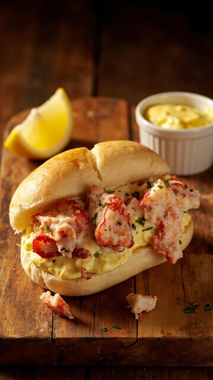 Buttery split top roll filled with large lobster chunks tossed in pale yellow mayo with small green herb flecks resting on a wooden board with a lemon wedge and a small ramekin of extra melted butter