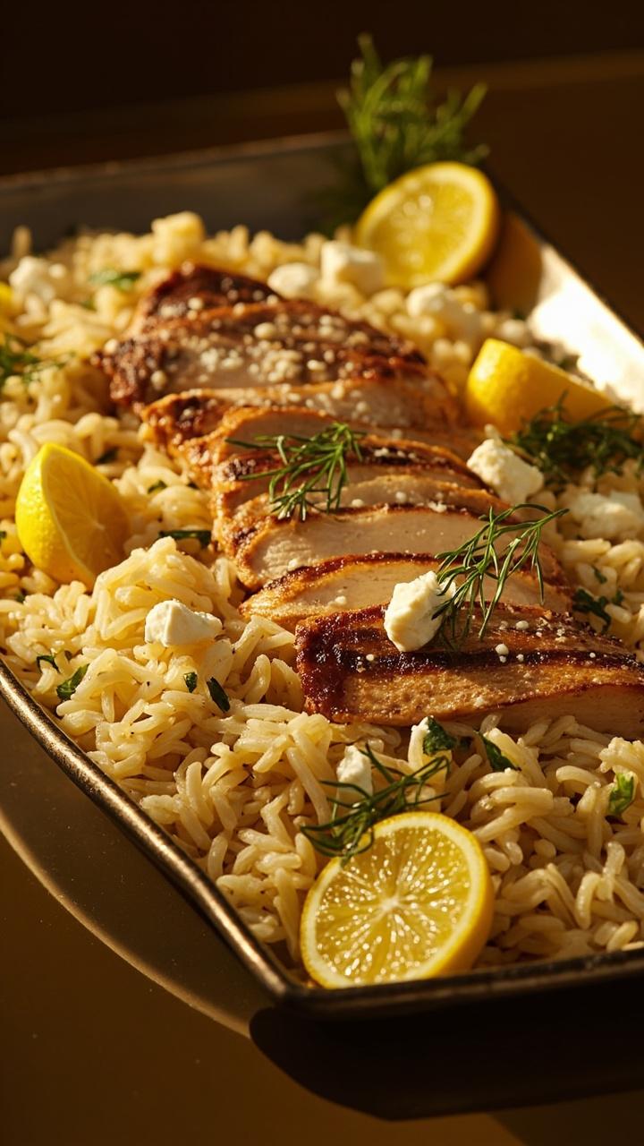 A shallow serving platter heaped with golden rice scattered with sliced pan-seared chicken breast, chopped fresh dill, lemon wedges, and a dusting of crumbled feta cheese.