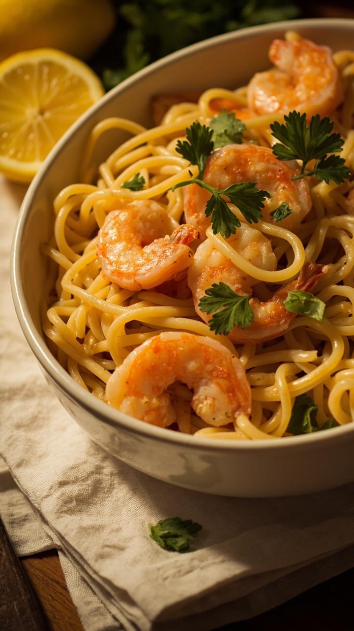 Shallow white bowl of long linguine coated in glossy garlic butter sauce topped with plump pink shrimp and scattered parsley leaves with a lemon half on the side and a linen napkin under the bowl