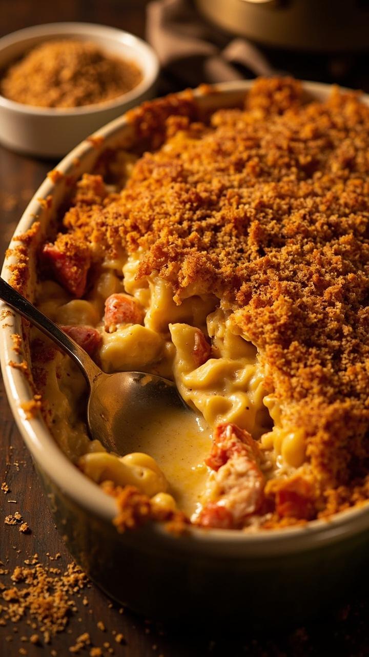 Deep baking dish filled with golden baked mac and cheese dotted with visible lobster chunks and a crisp browned breadcrumb topping with a serving spoon and a small ramekin of extra breadcrumbs nearby