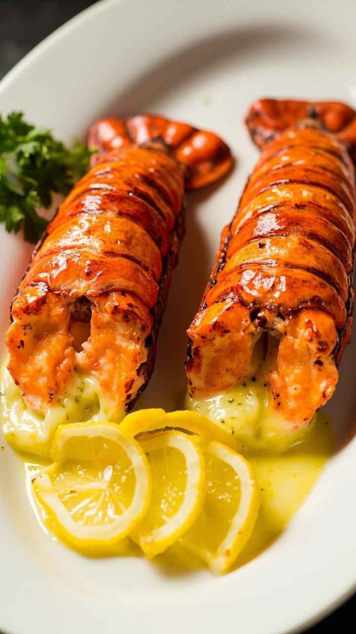 Halved lobster tails with bright orange shells and caramelized grill marks topped with a glossy pool of melted herb butter on a white platter with lemon slices and a small bunch of parsley