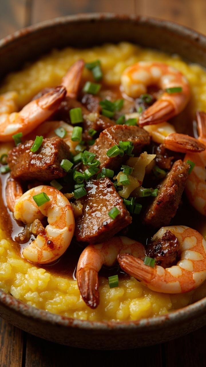 Wide shallow bowl of creamy yellow grits topped with plump shrimp and sliced brown sausage in a glossy brown sauce with a sprinkle of chopped green onions