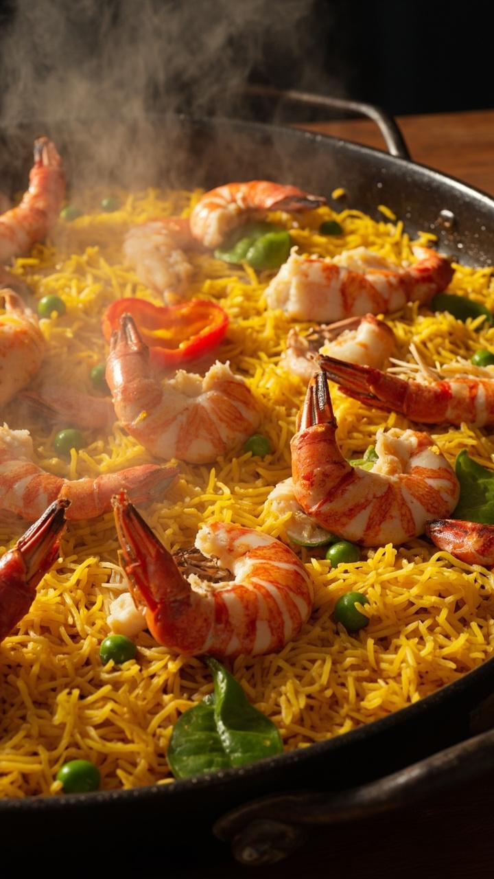 Large shallow paella pan filled with saffron yellow rice studded with pink shrimp, lobster claws or tail pieces, slices of roasted red pepper and green peas