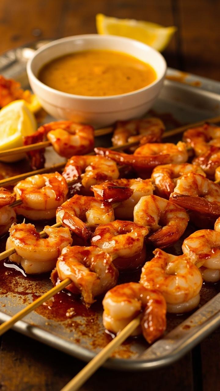 Wooden skewers threaded with plump glazed shrimp resting across a metal tray with a small bowl of extra honey garlic sauce and lemon wedges