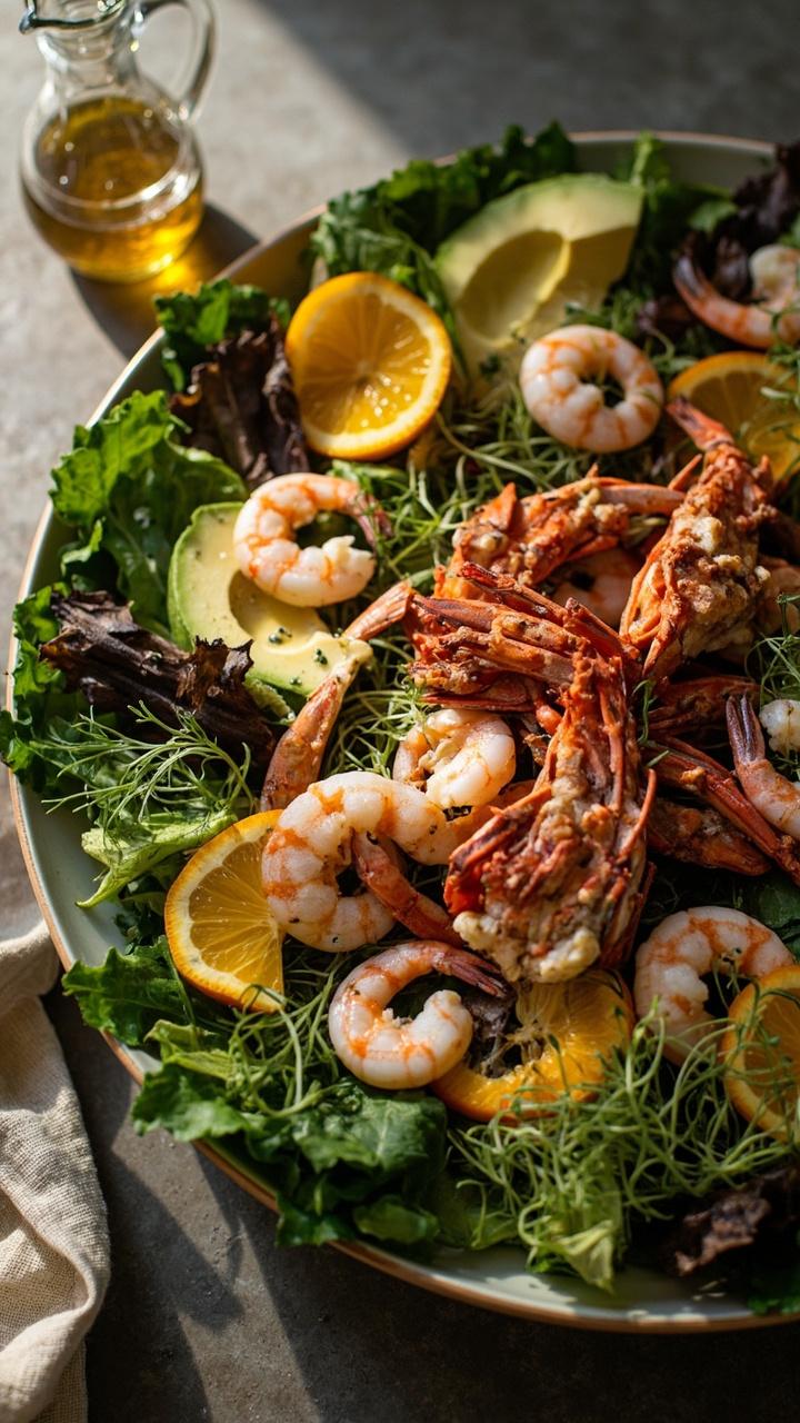 Large shallow bowl of mixed greens topped with chunks of lobster and shrimp, thin orange slices, avocado wedges and microgreens with a small vinaigrette pitcher nearby