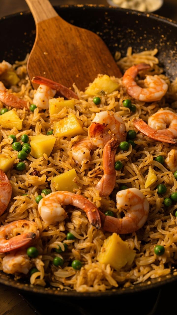 Wide skillet filled with golden fried rice studded with pink shrimp, yellow pineapple chunks, scrambled egg pieces and green peas with a wooden spatula resting on the edge