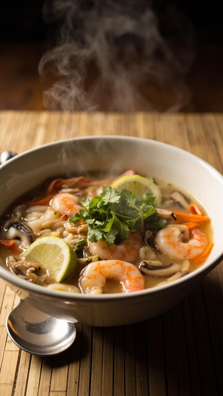 A deep bowl of steaming clear coconut-lime shrimp soup, filled with sliced mushrooms, thin carrot ribbons, tender shrimp, and garnished with chopped cilantro and lime wedges, set beside a spoon on a bamboo placemat.