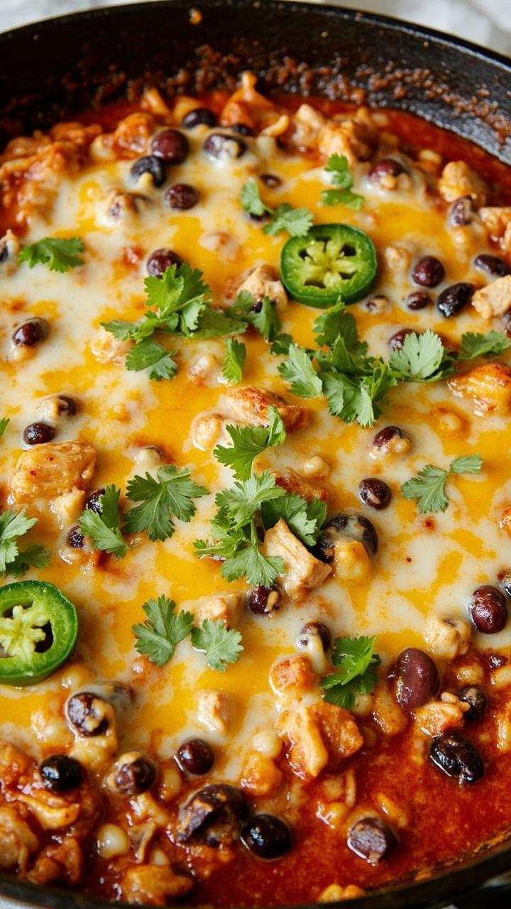 A colorful skillet bubbling with red enchilada sauce, cooked rice, diced chicken, black beans, melted cheese, and a few jalapeño slices. Cilantro leaves garnish the top.
