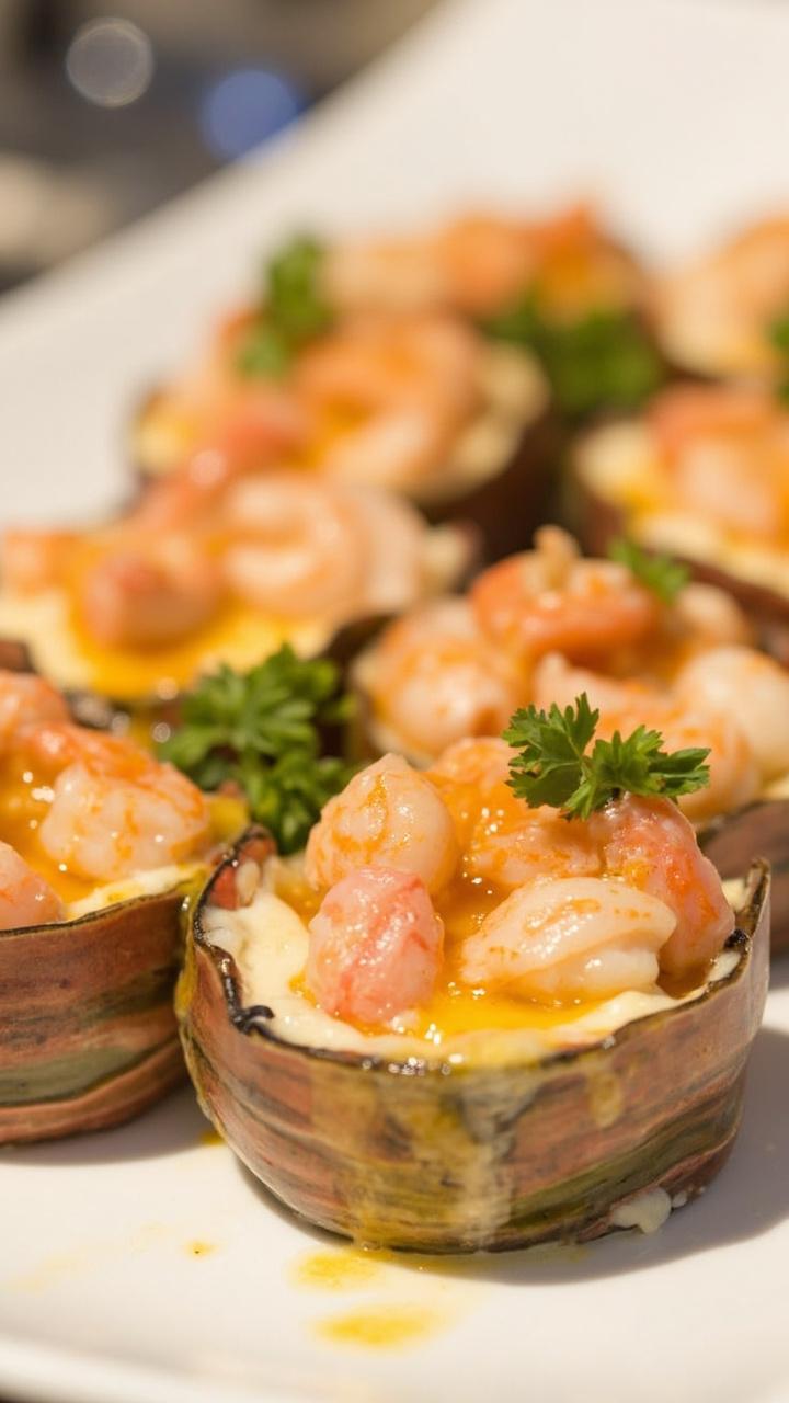 Halved lobster shells filled with pale creamy filling topped with browned cheese and small shrimp pieces on a white serving platter garnished with chopped parsley