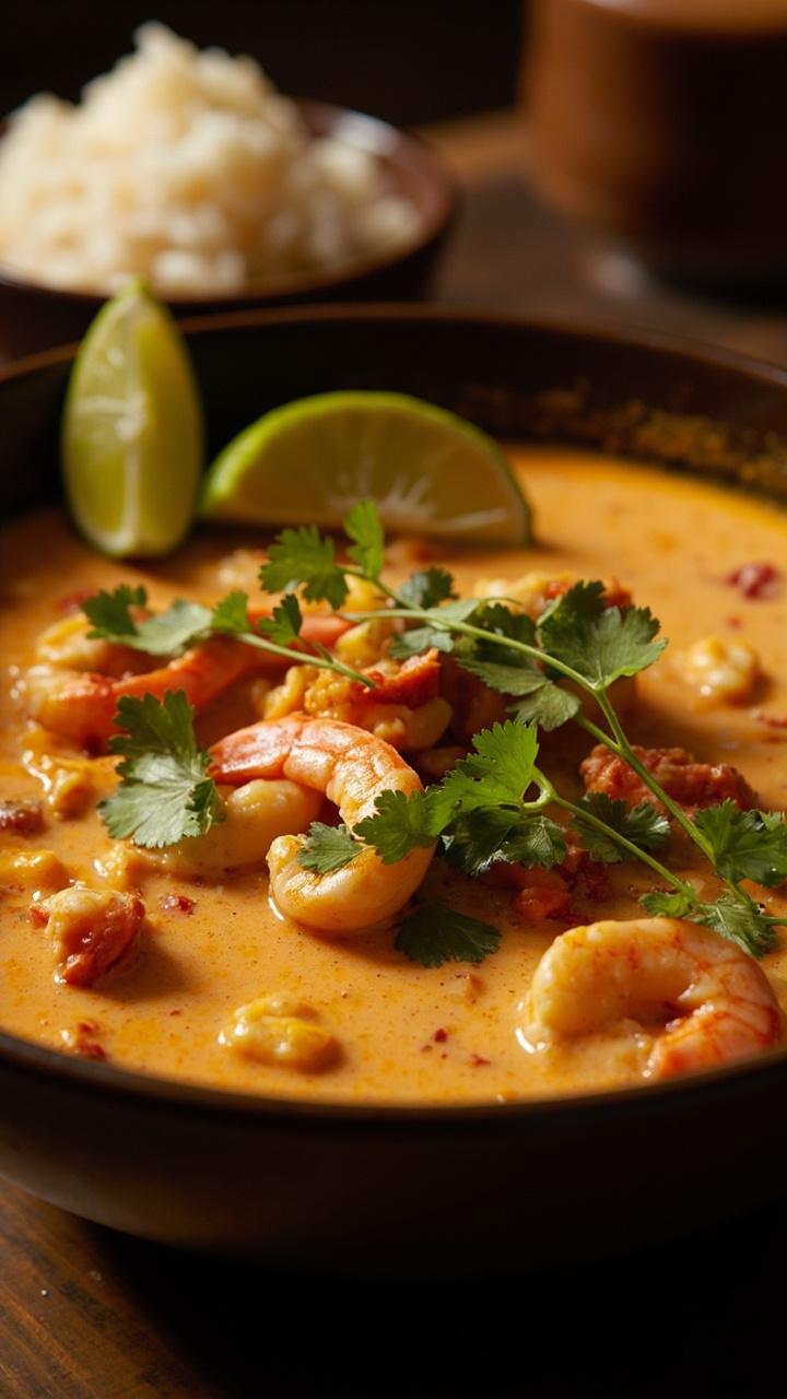 Deep bowl of pale orange coconut curry with visible shrimp and lobster chunks, sprinkled with cilantro and a lime wedge on the rim with steamed jasmine rice in a small bowl nearby