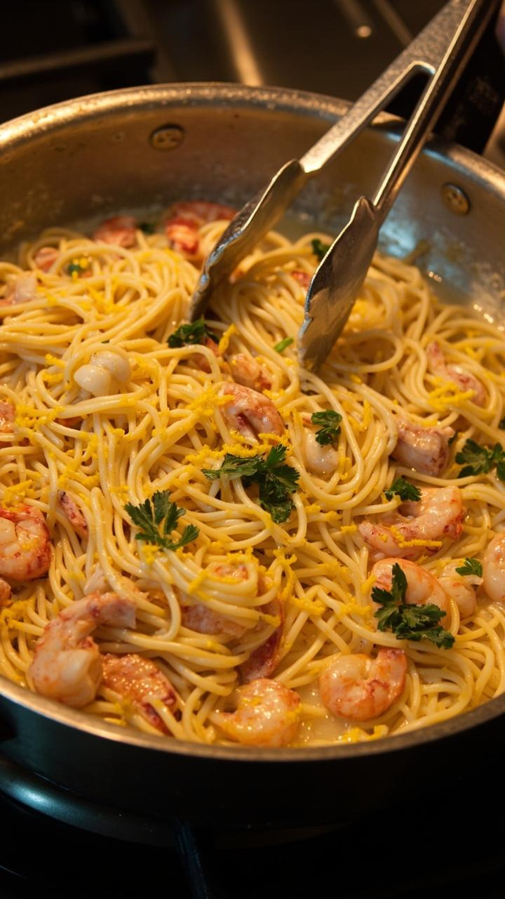 Wide shallow skillet with long spaghetti submerged in pale buttery sauce with visible shrimp and lobster chunks topped with lemon zest and parsley and a pair of tongs resting on the pan edge