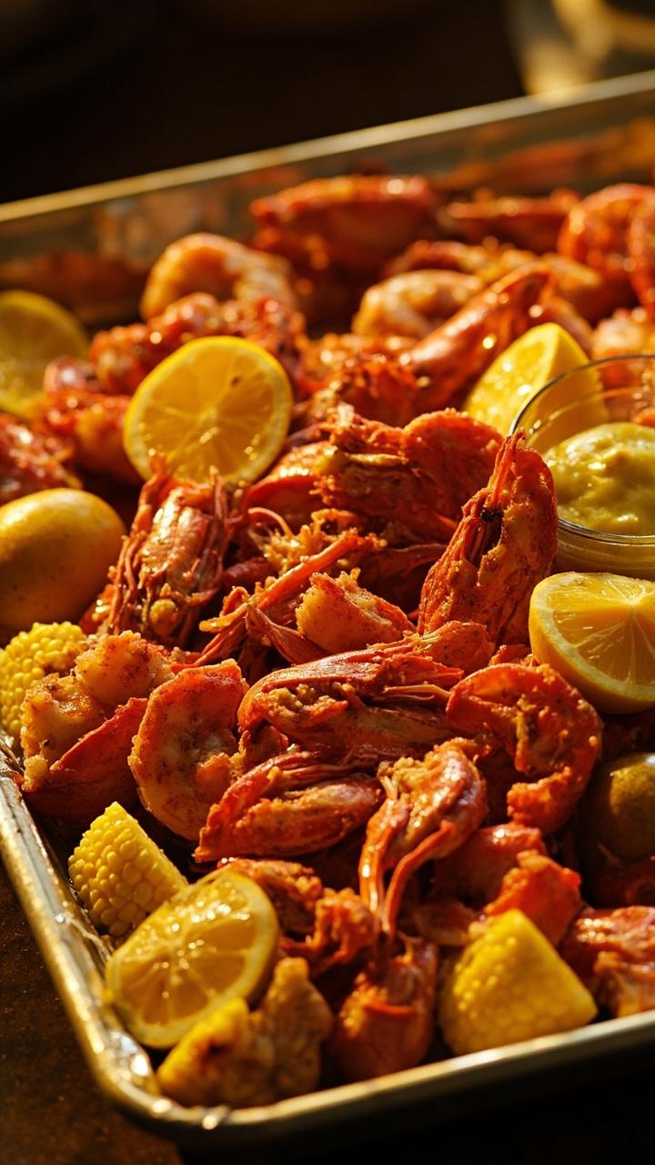 Large rimmed sheet pan filled with bright red seasoned shrimp and lobster pieces, halved baby potatoes, corn rounds and lemon halves with a small bowl of melted butter for dipping