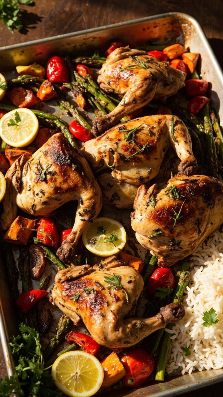A large roasting tray loaded with herb-seasoned chicken pieces, multicolored roasted vegetables, and piles of warm, fluffy rice on one side. Lemon wedges and chopped parsley for garnish.