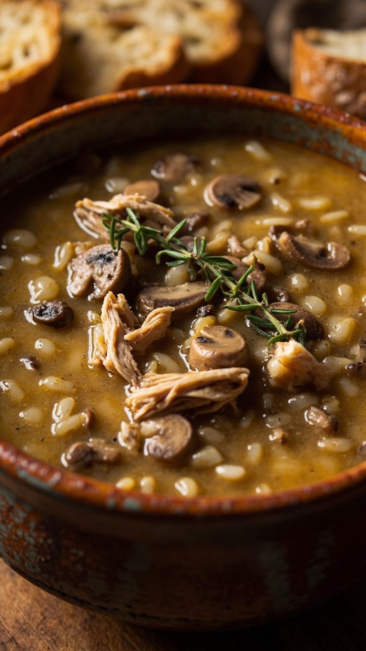A rustic ceramic bowl brimming with creamy mushroom soup, visible wild rice and tender chicken shred, topped with fresh thyme. Slices of country bread on the side.