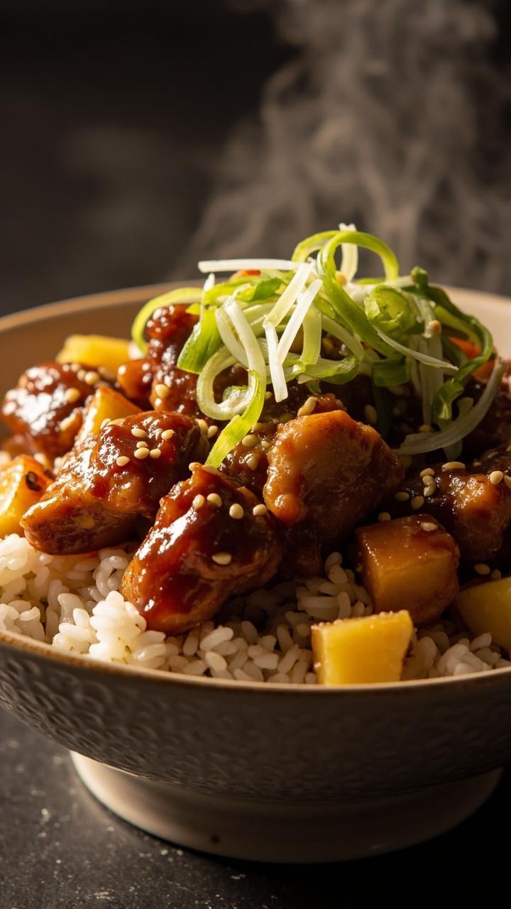 A serving bowl piled with sticky glazed chicken chunks and pineapple tidbits over a bed of steaming white rice. Thinly sliced scallions and sesame seeds decorate the top.