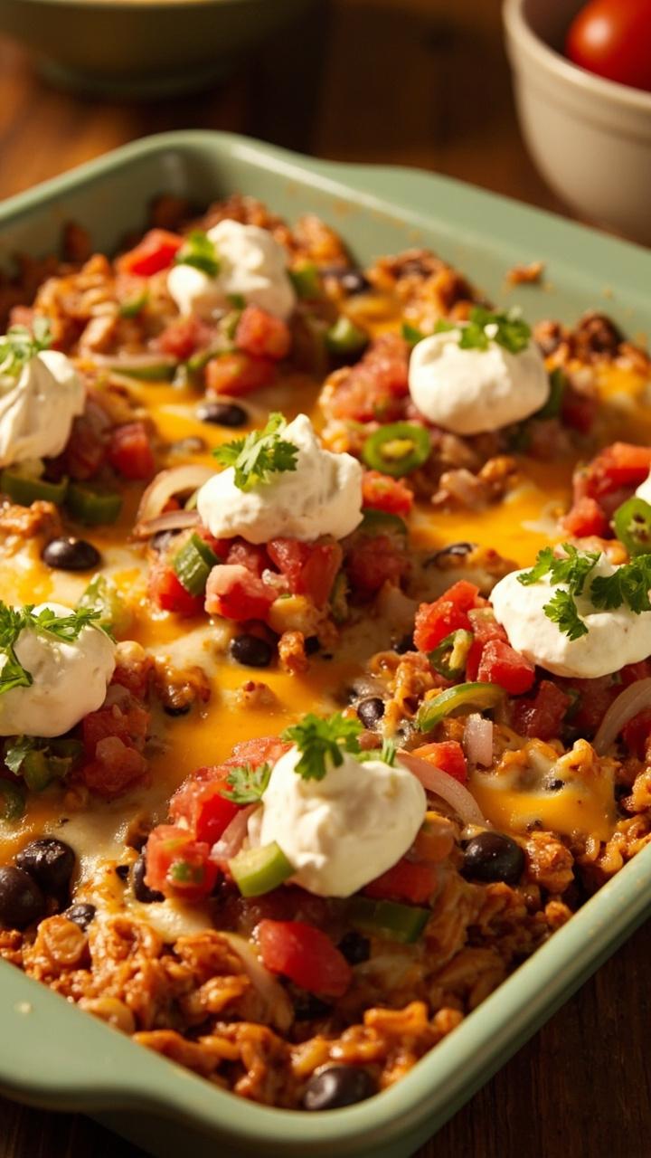 A square baking dish filled with Mexican-spiced rice, beans, and chicken, topped with melted cheese and salsa. Each serving has a dollop of sour cream and a sprinkle of fresh cilantro.