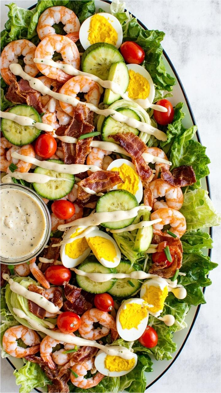 A large oval platter layered with rows of shrimp, boiled eggs, avocado slices, cherry tomatoes, crisp romaine, diced cucumber, and pieces of cooked bacon, with a drizzle of Whole30 ranch dressing and a sprinkle of chives.