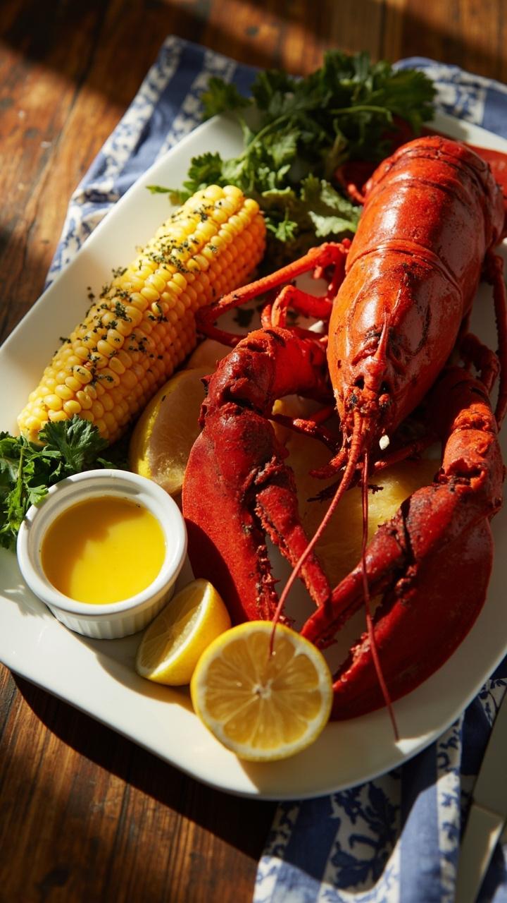 A whole bright red lobster sits on a large white platter, claws and tail neatly arranged. Melted butter glows in a small ramekin on the side. Steamed corn on the cob and lemon wedges are tucked around the lobster, with a scattering of fresh parsley on top. Everything rests on a rustic wooden table with a blue and white napkin.